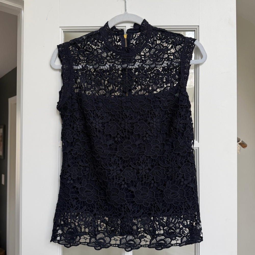Navy Sleeveless Crochet Lace Shell